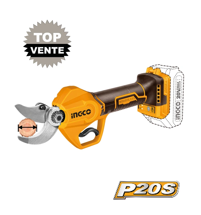Sécateur électrique sans fil INGCO 20V brushless - diamètre de coupe 30 mm pour paysagiste